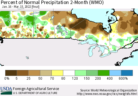 Canada Percent of Normal Precipitation 2-Month (WMO) Thematic Map For 1/16/2022 - 3/15/2022