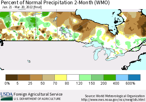 Canada Percent of Normal Precipitation 2-Month (WMO) Thematic Map For 1/21/2022 - 3/20/2022