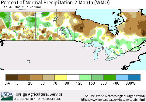 Canada Percent of Normal Precipitation 2-Month (WMO) Thematic Map For 1/26/2022 - 3/25/2022