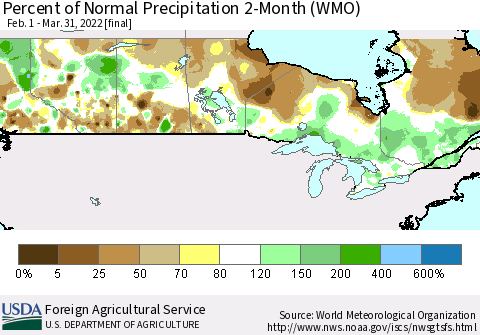Canada Percent of Normal Precipitation 2-Month (WMO) Thematic Map For 2/1/2022 - 3/31/2022