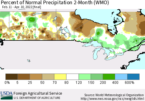 Canada Percent of Normal Precipitation 2-Month (WMO) Thematic Map For 2/11/2022 - 4/10/2022