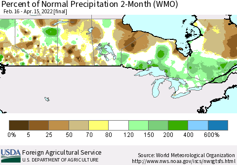 Canada Percent of Normal Precipitation 2-Month (WMO) Thematic Map For 2/16/2022 - 4/15/2022
