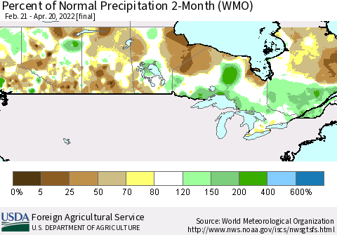 Canada Percent of Normal Precipitation 2-Month (WMO) Thematic Map For 2/21/2022 - 4/20/2022