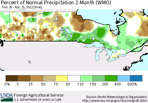 Canada Percent of Normal Precipitation 2-Month (WMO) Thematic Map For 2/26/2022 - 4/25/2022