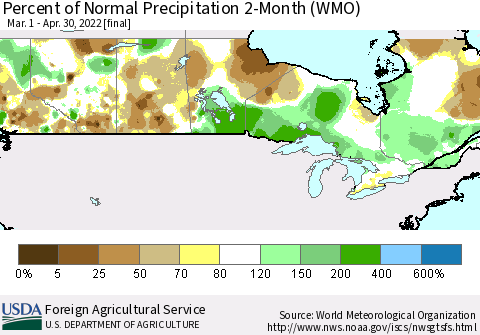 Canada Percent of Normal Precipitation 2-Month (WMO) Thematic Map For 3/1/2022 - 4/30/2022