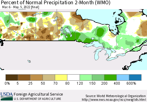 Canada Percent of Normal Precipitation 2-Month (WMO) Thematic Map For 3/6/2022 - 5/5/2022