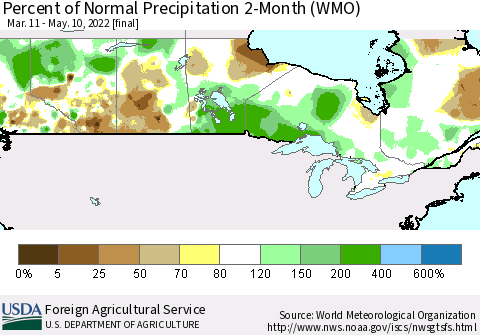 Canada Percent of Normal Precipitation 2-Month (WMO) Thematic Map For 3/11/2022 - 5/10/2022