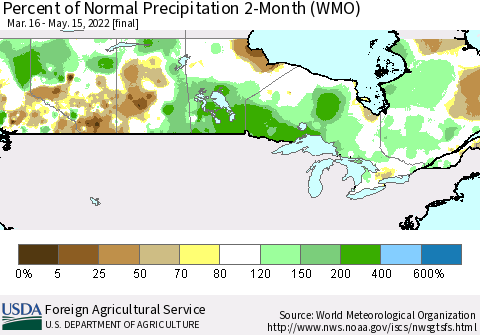 Canada Percent of Normal Precipitation 2-Month (WMO) Thematic Map For 3/16/2022 - 5/15/2022