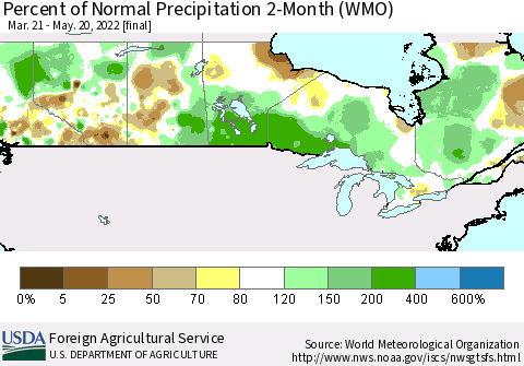 Canada Percent of Normal Precipitation 2-Month (WMO) Thematic Map For 3/21/2022 - 5/20/2022