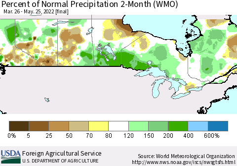 Canada Percent of Normal Precipitation 2-Month (WMO) Thematic Map For 3/26/2022 - 5/25/2022