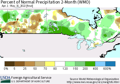 Canada Percent of Normal Precipitation 2-Month (WMO) Thematic Map For 4/1/2022 - 5/31/2022
