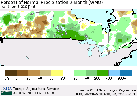 Canada Percent of Normal Precipitation 2-Month (WMO) Thematic Map For 4/6/2022 - 6/5/2022