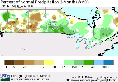 Canada Percent of Normal Precipitation 2-Month (WMO) Thematic Map For 4/11/2022 - 6/10/2022