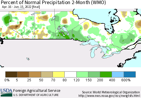 Canada Percent of Normal Precipitation 2-Month (WMO) Thematic Map For 4/16/2022 - 6/15/2022
