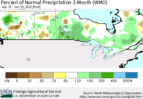 Canada Percent of Normal Precipitation 2-Month (WMO) Thematic Map For 4/21/2022 - 6/20/2022