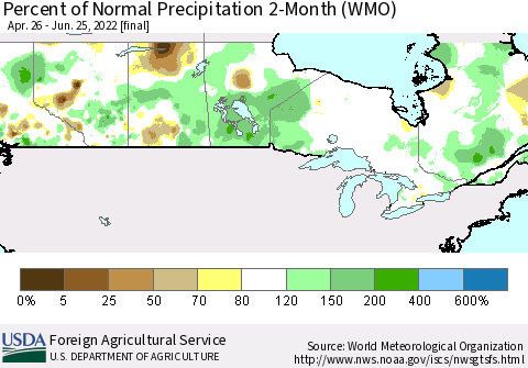 Canada Percent of Normal Precipitation 2-Month (WMO) Thematic Map For 4/26/2022 - 6/25/2022