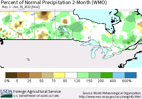 Canada Percent of Normal Precipitation 2-Month (WMO) Thematic Map For 5/1/2022 - 6/30/2022