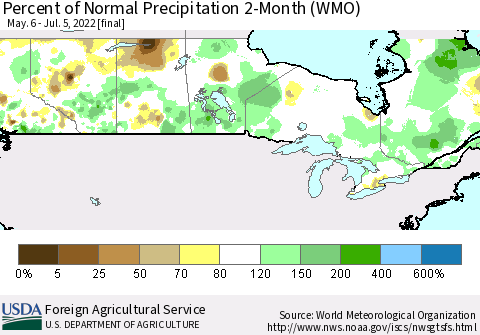 Canada Percent of Normal Precipitation 2-Month (WMO) Thematic Map For 5/6/2022 - 7/5/2022