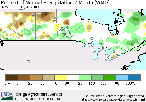 Canada Percent of Normal Precipitation 2-Month (WMO) Thematic Map For 5/11/2022 - 7/10/2022