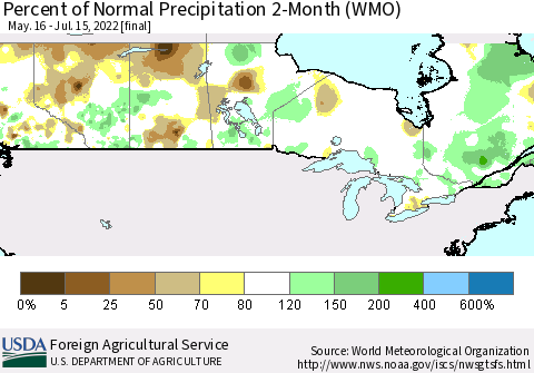 Canada Percent of Normal Precipitation 2-Month (WMO) Thematic Map For 5/16/2022 - 7/15/2022