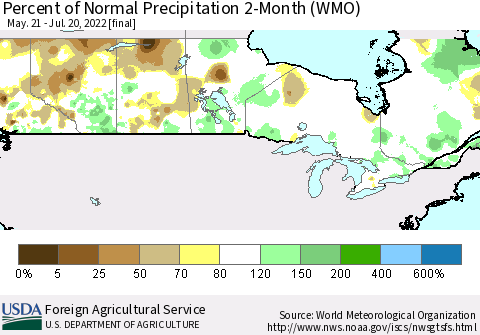 Canada Percent of Normal Precipitation 2-Month (WMO) Thematic Map For 5/21/2022 - 7/20/2022