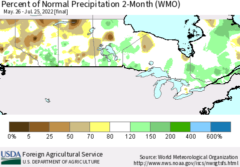 Canada Percent of Normal Precipitation 2-Month (WMO) Thematic Map For 5/26/2022 - 7/25/2022