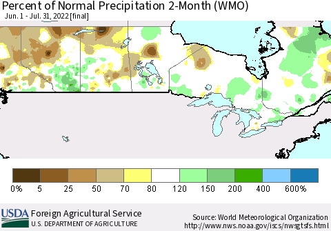 Canada Percent of Normal Precipitation 2-Month (WMO) Thematic Map For 6/1/2022 - 7/31/2022