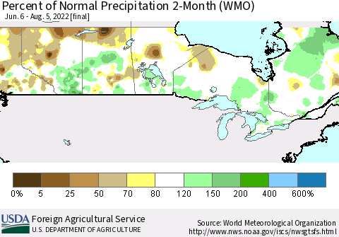 Canada Percent of Normal Precipitation 2-Month (WMO) Thematic Map For 6/6/2022 - 8/5/2022