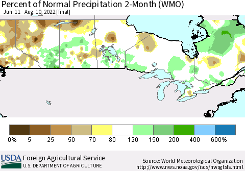Canada Percent of Normal Precipitation 2-Month (WMO) Thematic Map For 6/11/2022 - 8/10/2022