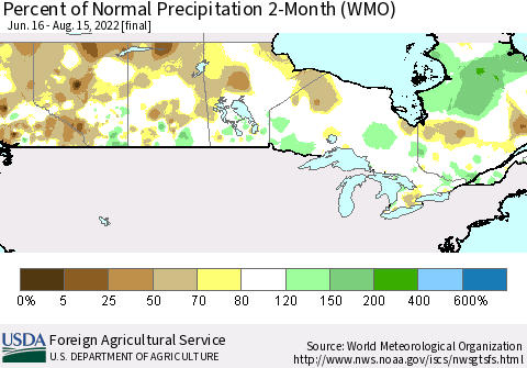 Canada Percent of Normal Precipitation 2-Month (WMO) Thematic Map For 6/16/2022 - 8/15/2022