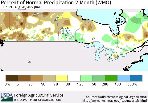 Canada Percent of Normal Precipitation 2-Month (WMO) Thematic Map For 6/21/2022 - 8/20/2022
