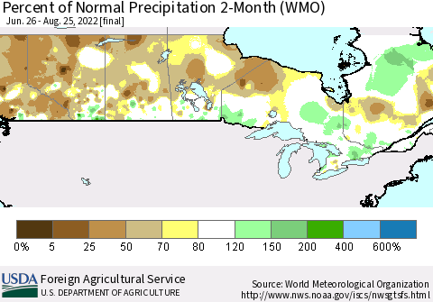 Canada Percent of Normal Precipitation 2-Month (WMO) Thematic Map For 6/26/2022 - 8/25/2022