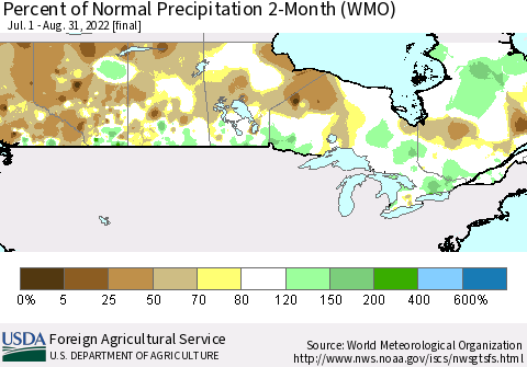 Canada Percent of Normal Precipitation 2-Month (WMO) Thematic Map For 7/1/2022 - 8/31/2022