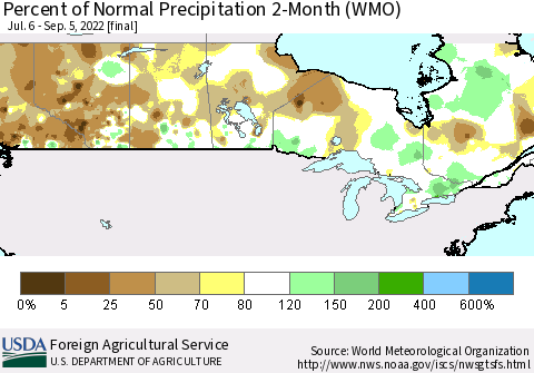 Canada Percent of Normal Precipitation 2-Month (WMO) Thematic Map For 7/6/2022 - 9/5/2022