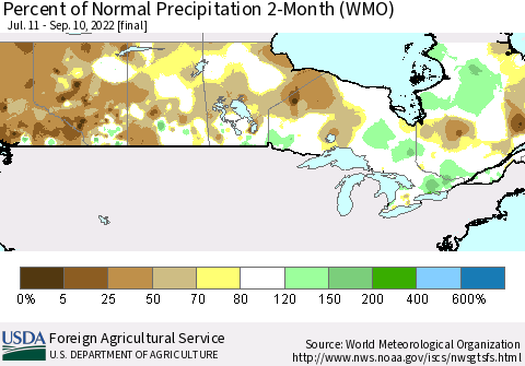 Canada Percent of Normal Precipitation 2-Month (WMO) Thematic Map For 7/11/2022 - 9/10/2022
