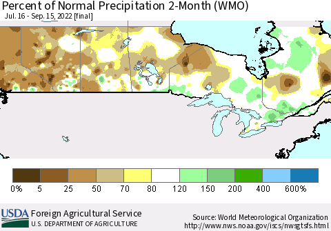 Canada Percent of Normal Precipitation 2-Month (WMO) Thematic Map For 7/16/2022 - 9/15/2022