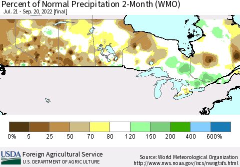 Canada Percent of Normal Precipitation 2-Month (WMO) Thematic Map For 7/21/2022 - 9/20/2022