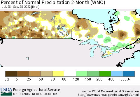Canada Percent of Normal Precipitation 2-Month (WMO) Thematic Map For 7/26/2022 - 9/25/2022