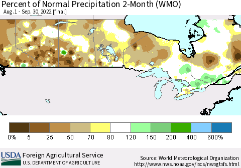 Canada Percent of Normal Precipitation 2-Month (WMO) Thematic Map For 8/1/2022 - 9/30/2022