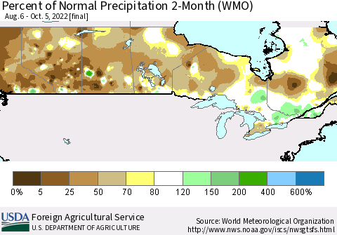 Canada Percent of Normal Precipitation 2-Month (WMO) Thematic Map For 8/6/2022 - 10/5/2022