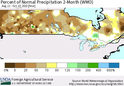 Canada Percent of Normal Precipitation 2-Month (WMO) Thematic Map For 8/11/2022 - 10/10/2022