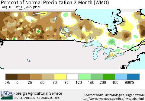 Canada Percent of Normal Precipitation 2-Month (WMO) Thematic Map For 8/16/2022 - 10/15/2022