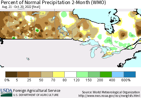 Canada Percent of Normal Precipitation 2-Month (WMO) Thematic Map For 8/21/2022 - 10/20/2022