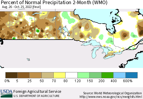 Canada Percent of Normal Precipitation 2-Month (WMO) Thematic Map For 8/26/2022 - 10/25/2022