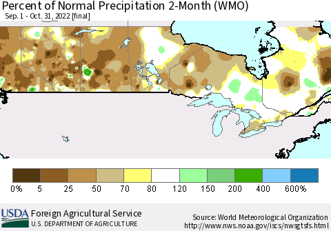 Canada Percent of Normal Precipitation 2-Month (WMO) Thematic Map For 9/1/2022 - 10/31/2022