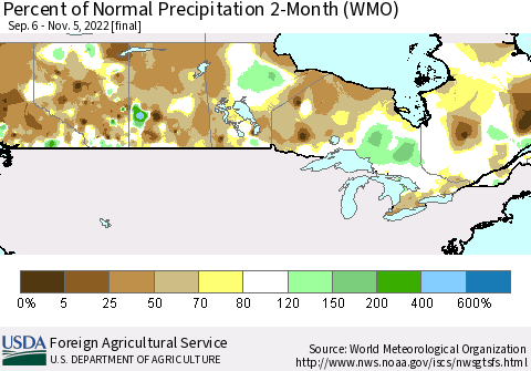 Canada Percent of Normal Precipitation 2-Month (WMO) Thematic Map For 9/6/2022 - 11/5/2022