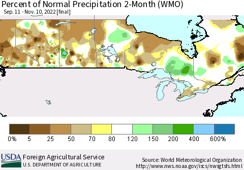 Canada Percent of Normal Precipitation 2-Month (WMO) Thematic Map For 9/11/2022 - 11/10/2022