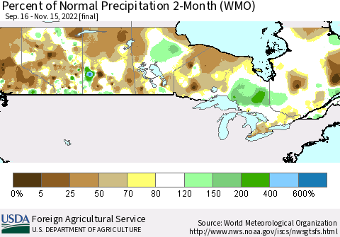 Canada Percent of Normal Precipitation 2-Month (WMO) Thematic Map For 9/16/2022 - 11/15/2022