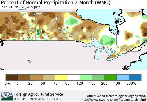 Canada Percent of Normal Precipitation 2-Month (WMO) Thematic Map For 9/21/2022 - 11/20/2022