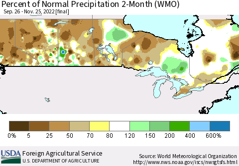 Canada Percent of Normal Precipitation 2-Month (WMO) Thematic Map For 9/26/2022 - 11/25/2022